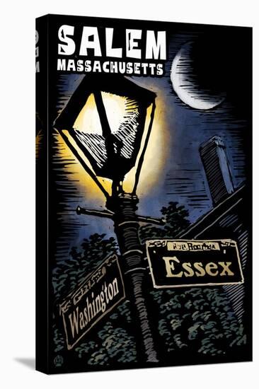 Salem, Massachusetts - Street Lampost at Night - Scratchboard-Lantern Press-Stretched Canvas