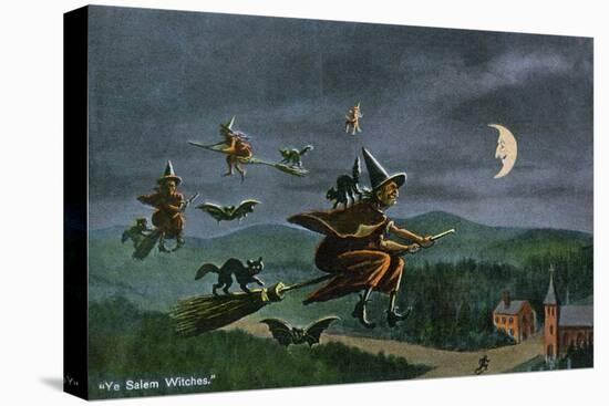 Salem, Massachusetts - Ye Salem Witches in Flight-Lantern Press-Stretched Canvas