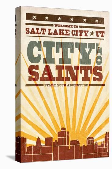 Salt Lake City, Utah - Skyline and Sunburst Screenprint Style-Lantern Press-Stretched Canvas