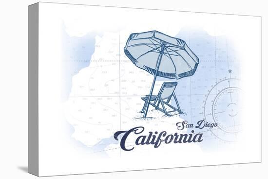 San Diego, California - Beach Chair and Umbrella - Blue - Coastal Icon-Lantern Press-Stretched Canvas