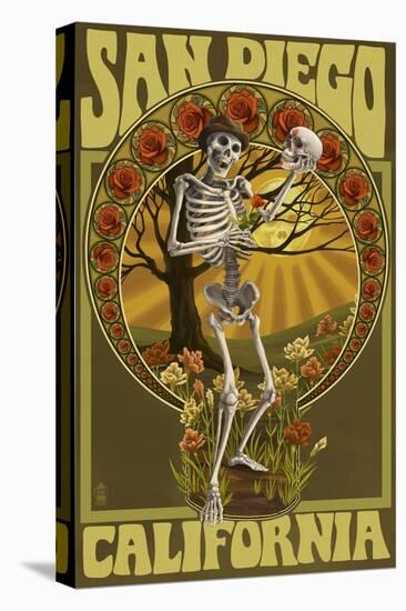 San Diego, California - Day of the Dead - Skeleton Holding Sugar Skull-Lantern Press-Stretched Canvas