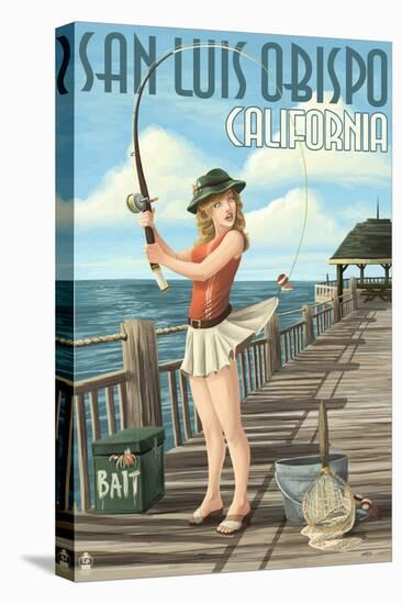 San Luis Obispo, California - Pinup Girl Fishing-Lantern Press-Stretched Canvas