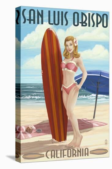 San Luis Obispo, California - Surfer Pinup Girl-Lantern Press-Stretched Canvas