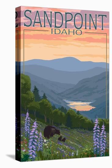 Sandpoint, Idaho - Bears and Spring Flowers-Lantern Press-Stretched Canvas