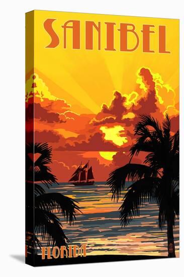 Sanibel, Florida - Sunset and Ship-Lantern Press-Stretched Canvas