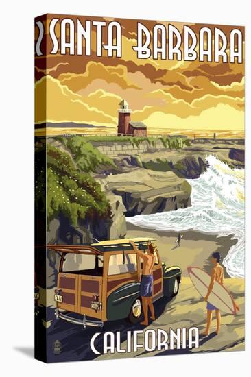 Santa Barbara, California - Woody and Lighthouse-Lantern Press-Stretched Canvas