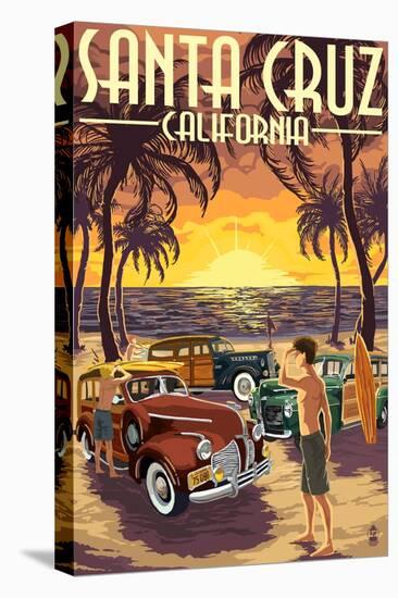 Santa Cruz, California - Vintage Woodies on the Beach-Lantern Press-Stretched Canvas