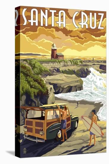 Santa Cruz, California - Woody and Lighthouse-Lantern Press-Stretched Canvas