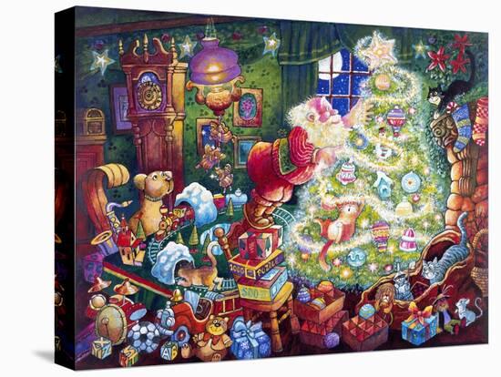 Santa Decorates Tree Surrounded by Presents and Catschristmas-Bill Bell-Premier Image Canvas