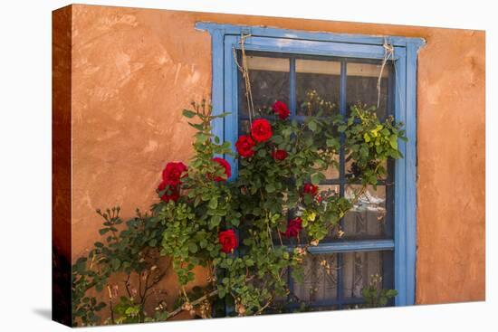 Santa Fe, New Mexico. Blue painted lattice wooden window-Jolly Sienda-Premier Image Canvas