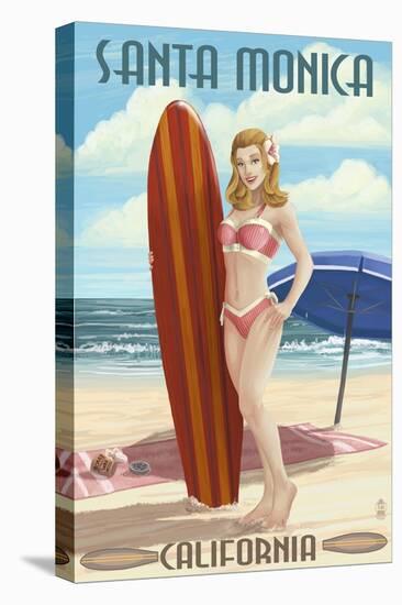 Santa Monica, California - Pinup Surfer Girl-Lantern Press-Stretched Canvas