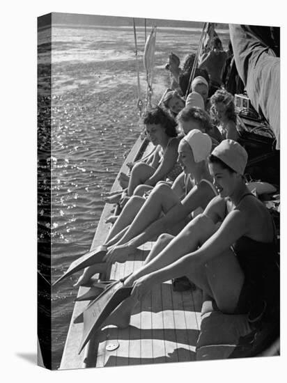 Santa Monica Life Guard's Party Aboard Boat, Girls Putting on Fins to Go Diving-Peter Stackpole-Premier Image Canvas