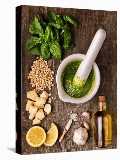 Sauce Pesto and its Ingredients on Rough Wood-Andrii Gorulko-Premier Image Canvas