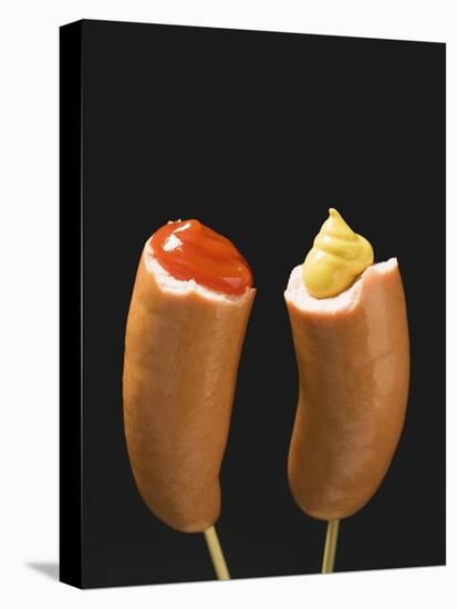 Sausages with Ketchup and Mustard on Wooden Cocktail Sticks-null-Premier Image Canvas