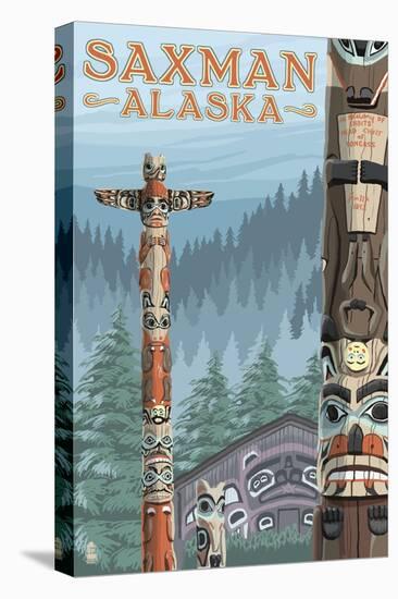 Saxman, Alaska - Totem Scene-Lantern Press-Stretched Canvas