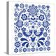 Scandinavian Cute Folk Art Vector Decoration with Birds and Flowers, Scandinavian Navy Blue Floral-RedKoala-Stretched Canvas