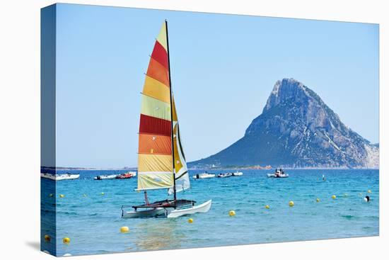Scenic Italy Sardinia Beach Resort Landscape with Sail Boat and Mountains-kadmy-Premier Image Canvas