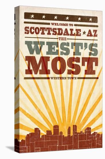 Scottsdale, Arizona - Skyline and Sunburst Screenprint Style-Lantern Press-Stretched Canvas