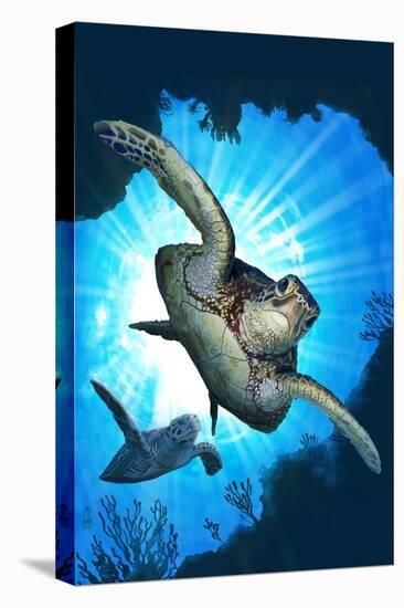 Sea Turtles Diving-Lantern Press-Stretched Canvas