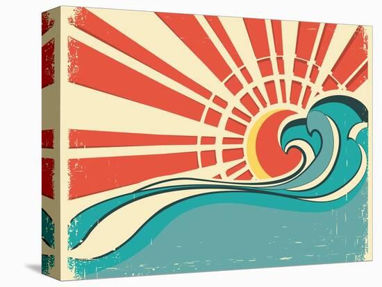 Sea Waves.Vintage Illustration Of Nature Poster With Sun On Old Paper-GeraKTV-Stretched Canvas