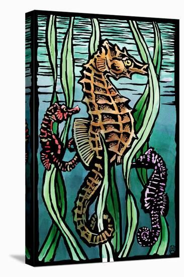 Seahorses - Scratchboard-Lantern Press-Stretched Canvas