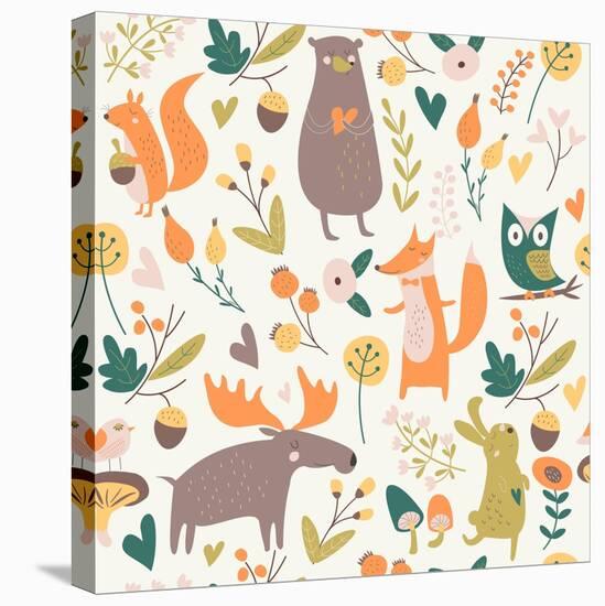 Seamless Autumn Forest Background with Cute Bear, Hare, Squirrel, Elk, Owl, Fox, Flowers, Mushrooms-Kaliaha Volha-Stretched Canvas