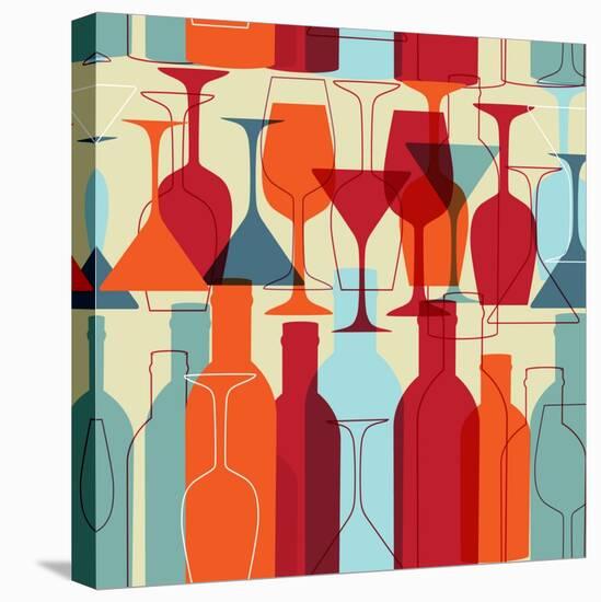 Seamless Background With Wine Bottles And Glasses-mcherevan-Stretched Canvas