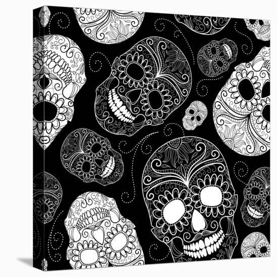 Seamless Black and White Background with Skulls-Alisa Foytik-Stretched Canvas