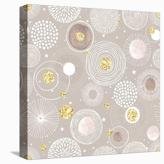 Seamless Christmas Background with Doodle Circles Randomly Distributed, Golden Foil Circles, Waterc-Nikiparonak-Stretched Canvas