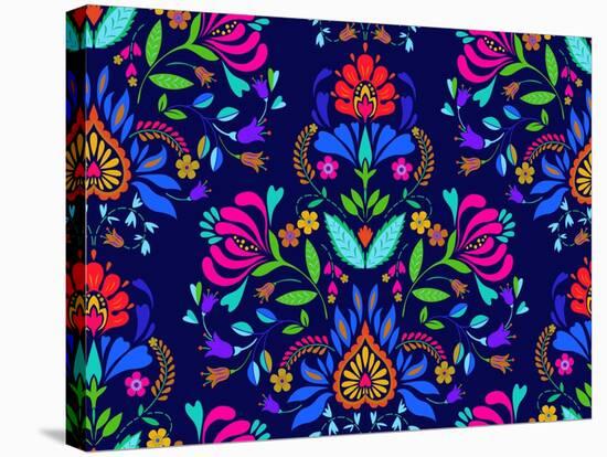 Seamless Floral Folk Pattern. Slavic European Style, Bright Colors, Dark Background. Decorative Flo-rosapompelmo-Stretched Canvas