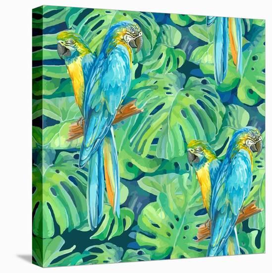 Seamless Pattern Element of Two Ara Parrots and Leaves of Monstera-NadiiaZ-Stretched Canvas