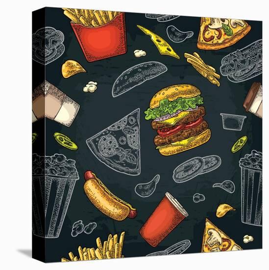 Seamless Pattern Fast Food. Cup Cola, Coffee, Chips, Hamburger, Pizza, Hotdog, Fry Potato Paper Box-MoreVector-Stretched Canvas