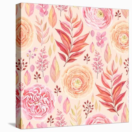 Seamless Pattern of English Rose, Ranunculus, Colorful Branches and Leaves Pink, Red, Yellow and Or-Nikiparonak-Stretched Canvas
