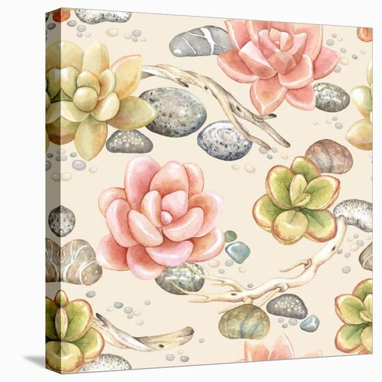 Seamless Pattern of Watercolor Succulents, Dry Branches and Stones, Vector Illustration on Beige Ba-Nikiparonak-Stretched Canvas
