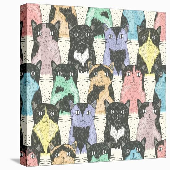 Seamless Pattern With Cute Cats For Children-cherry blossom girl-Stretched Canvas