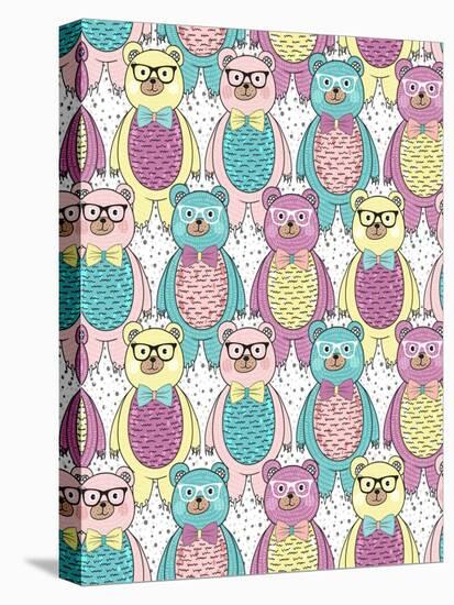 Seamless Pattern with Cute Hipster Bears for Children or Kids.-cherry blossom girl-Stretched Canvas