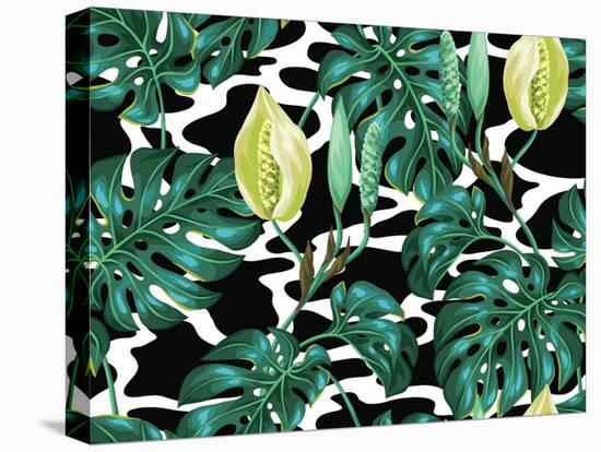 Seamless Pattern with Monstera Leaves. Decorative Image of Tropical Foliage and Flower. Background-incomible-Stretched Canvas