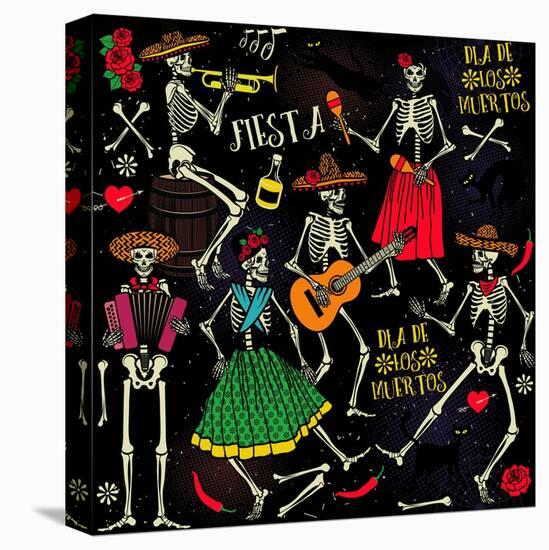 Seamless Pattern with Skeletons. Day of the Dead (Dia De Los Muertos). the Skeleton Dance.-Moloko88-Stretched Canvas