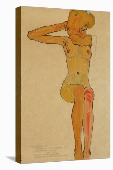 Seated female nude with raised right arm,1910 Gouache-Egon Schiele-Premier Image Canvas