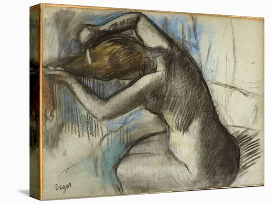 Seated Nude Woman Brushing Her Hair, C.1885 (Charcoal & Pastel on Blue Paper)-Edgar Degas-Premier Image Canvas