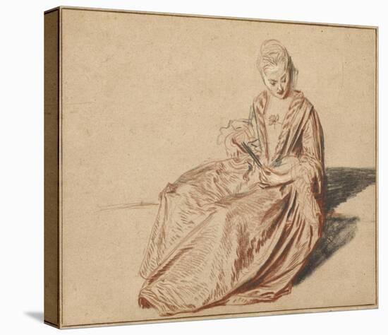 Seated Woman with a Fan-Jean-Antoine Watteau-Stretched Canvas