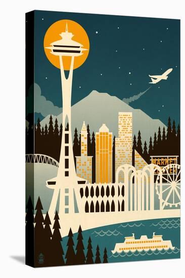 Seattle, Washington - Retro Skyline (no text)-Lantern Press-Stretched Canvas