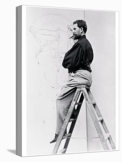 Self-Portrait on Stepladder, Working on the Cartoon of the Poster 'Imprimerie Cassan Fils', 1896-Alphonse Mucha-Premier Image Canvas