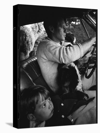 Senator Robert Kennedy Driving Car with Pet Springer Spaniel over His Lap and Son Max Beside Him-Bill Eppridge-Premier Image Canvas