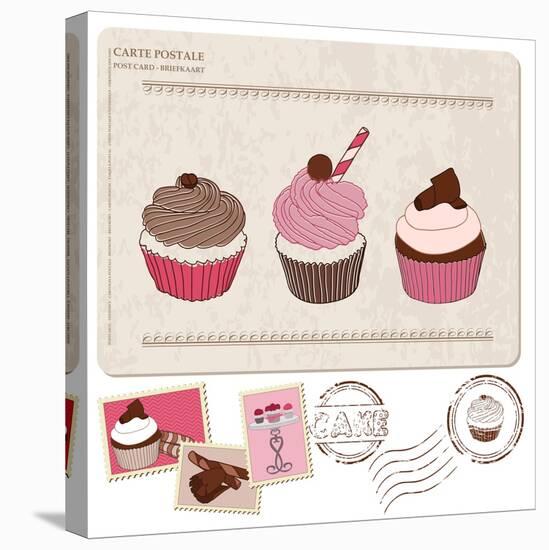 Set Of Cupcakes On Old Postcard-woodhouse-Stretched Canvas