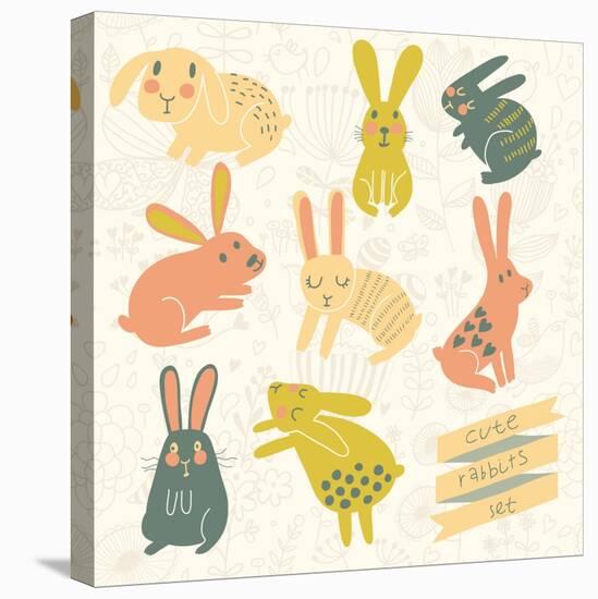 Set of Eight Cute Rabbits in Bright Colors. Funny Doodle Bunny-smilewithjul-Stretched Canvas