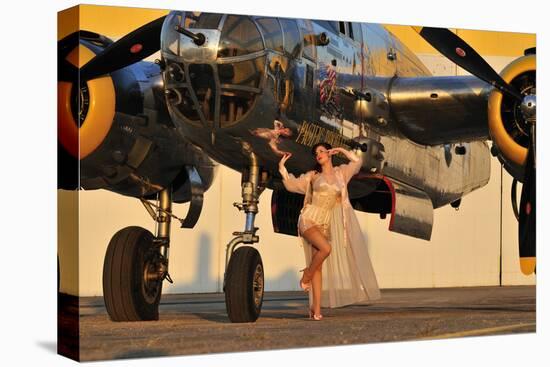 Sexy 1940's Pin-Up Girl in Lingerie Posing with a B-25 Bomber-null-Premier Image Canvas