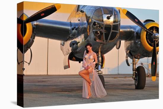 Sexy 1940's Pin-Up Girl in Lingerie Posing with a B-25 Bomber-null-Premier Image Canvas