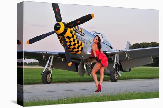 Sexy 1940's Style Pin-Up Girl Posing with a P-51 Mustang-null-Premier Image Canvas