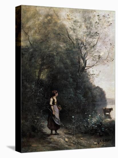 Shepherdess with a Cow at the Edge of the Forest, 1865-1870-Jean-Baptiste-Camille Corot-Premier Image Canvas